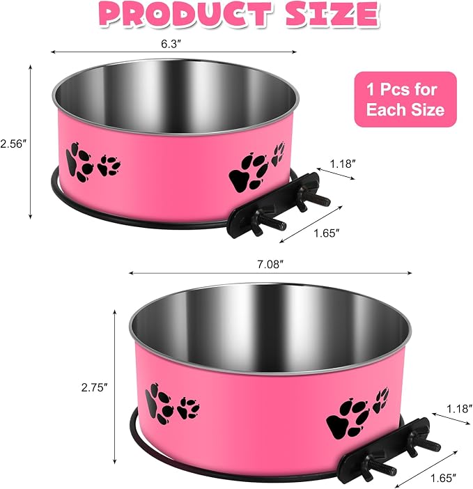 Pink Kennel Bowls Mountable Stainless Steel Crate Bowls No Spill Hanging Kennel Water Bowl with Clamp Holder 2 Sizes 7.08x2.83’’,6.3x2.63’ Hot Pink