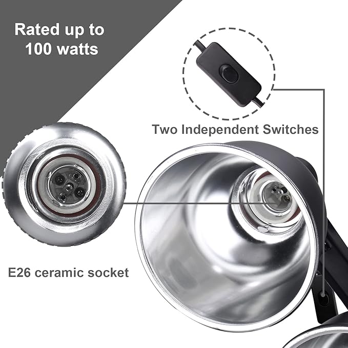 Aiicioo Dual Reptile Light Fixture Combo Deep Dome Reptile Dual Lamp Fixture Includes 100W UVA Daylight Heating Lamp and 100W Infrared Heat Emitter Day Night Basking Heat Lighting Kit