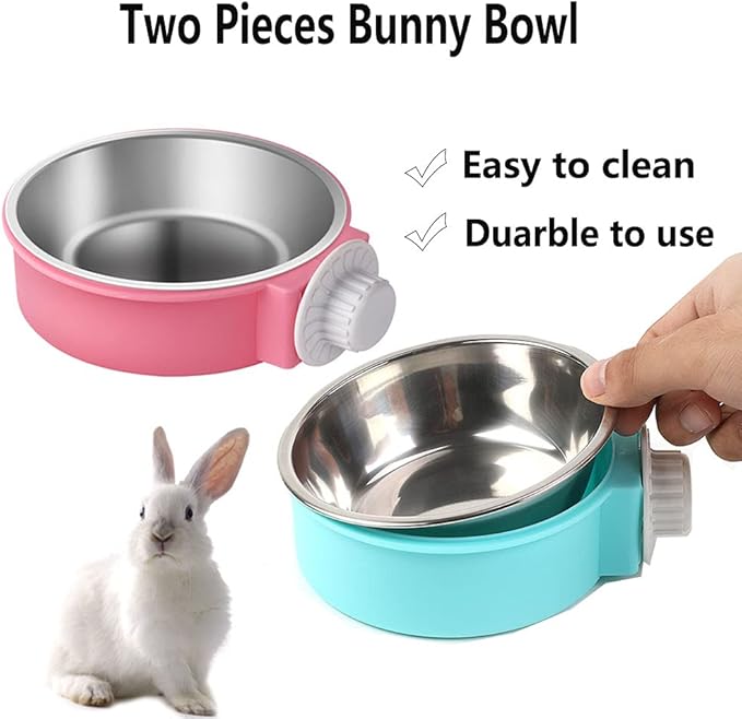 Rabbit Bowls Set, Big Pet Bunny Food Bowls Small Animals Cage Bowl and Stainless Steel Hanging Water Food Feeder Bowls for Big Bunny Food Dish (4 PCS)