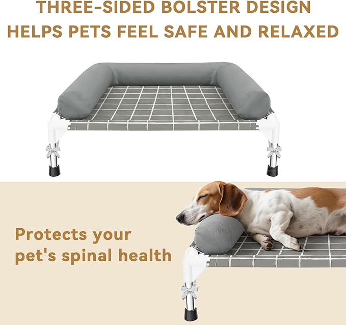 Elevated Dog Bed with 3 Sided Bolster - 20"x26" Raised Pet Cot for Small Dogs, Stainless Steel Frame Portable Dog Sofa for Indoor, Outdoor, Camping and Patio