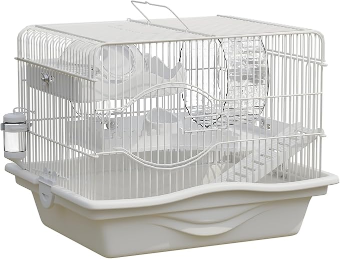 Mini Hamster Cage Starter Kit 15”Lx11”Wx12”H for Dwarf Hamster & Robo Hamster with Multilevel Platforms, Exercise Wheel, Transparent House, Ladder, Water Bottle, Food Bowl, White