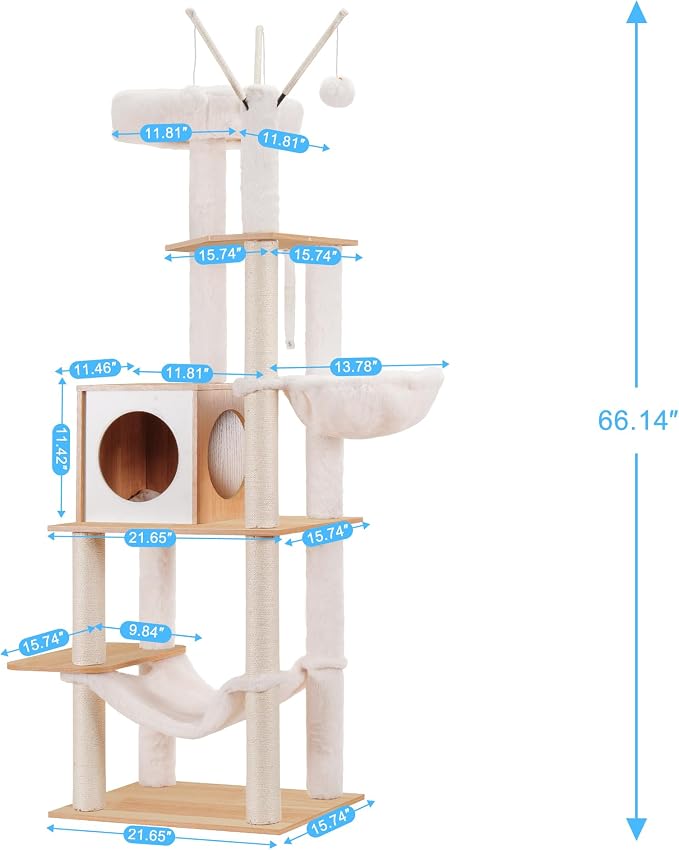 Hey-brother Wooden Cat Tree, 66.1“ Cat Furniture with Scratching Posts, Modern Cat Tower with hammocks, Toys, cat condo, Walnut MPJ120WB