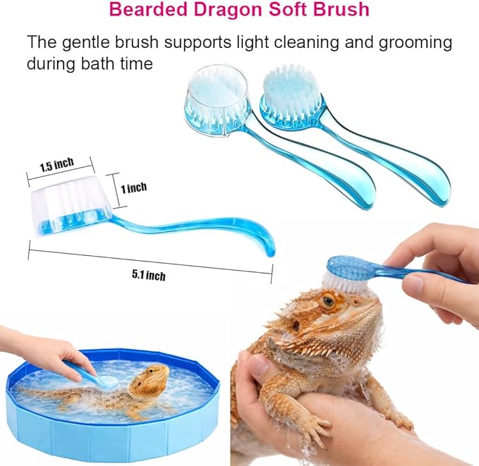 6Pcs Bearded Dragon Pool – Foldable Reptile Bathtub & Towel (Large or Medium Size), Bath Brush, Spray Bottle & Plastic Tweezers for Bearded Dragons, Bearded Dragon Bath Accessories (Large)
