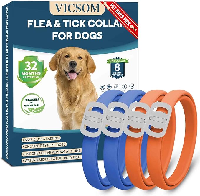 Dog Flea and Tick Collar 4 Pack, Waterproof Adjustable Collar for Dogs and Puppies, 32-Month Prevention, Blue & Orange