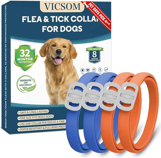 Dog Flea and Tick Collar 4 Pack, Waterproof Adjustable Collar for Dogs and Puppies, 32-Month Prevention, Blue & Orange