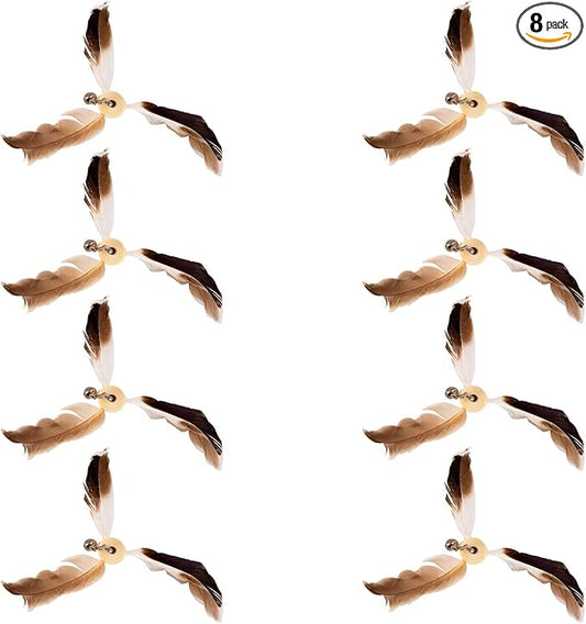 8pcs Spinning Feather Propeller Refills for Cat Wand Toy, Cat Toy Wand Attachment Replacement with Lobster Clasp, Spining Propeller Toys, Propeller Toy with Bell (Brown)