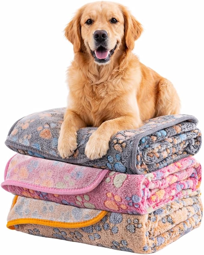 Dog Blanket 3 Pack Soft Flannel Pet Blanket for Dogs & Cats, Cozy Puppy Blanket for Couch Bed Crate, Washable Paw Print Throw 50x60 Inch Grey&Red&Brown