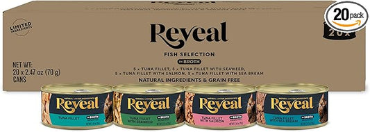 Reveal Natural Wet Canned Cat Food, 4-Flavor Variety Pack, Limited Ingredient, Grain Free, High Protein with No Artificial Additives, Fish Variety in Broth (20 x 2.47 oz Cans)