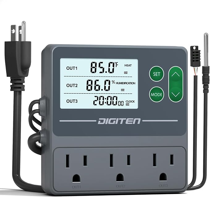 DIGITEN Temperature and Humidity Controller with Timer,3 Outlet Dual Probes | 3-Stage Outlet Control Temp,Humidity & Timer Separately,Digital Thermostat Outlet for Reptile,Aquariums,Mushroom,Greenhouse