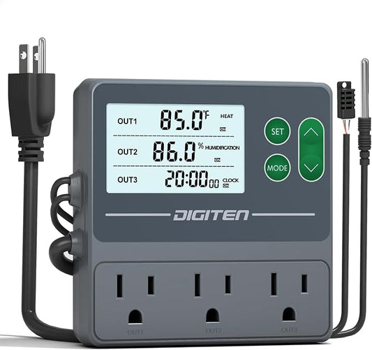 DIGITEN Temperature and Humidity Controller with Timer,3 Outlet Dual Probes | 3-Stage Outlet Control Temp,Humidity & Timer Separately,Digital Thermostat Outlet for Reptile,Aquariums,Mushroom,Greenhouse