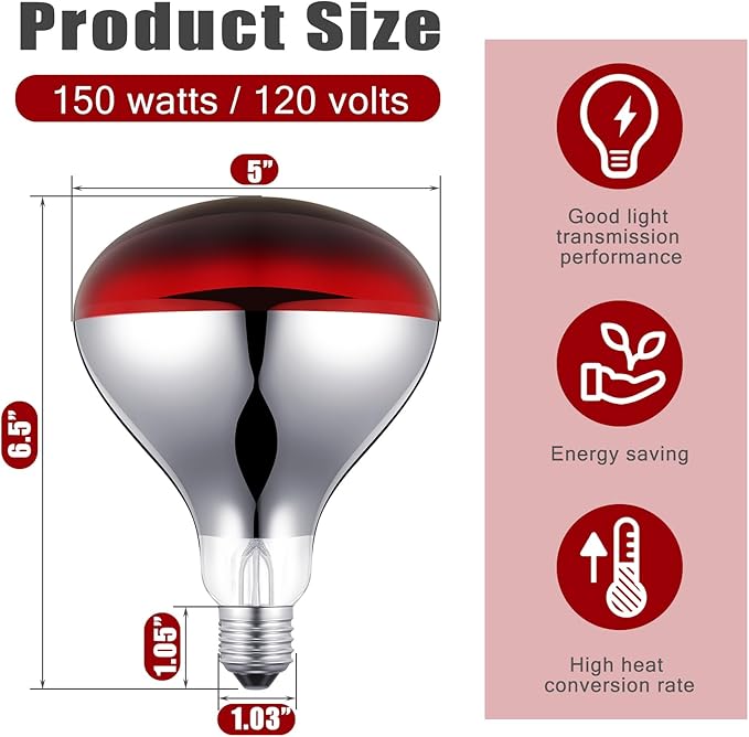 VIHOSE 4 Pack 150 Watt Heat Lamp 120v R40 Heat Lamp Bulbs Glass Incandescent Light Bulbs Incandescent Heating Lightbulbs for Reptiles Chicks Food Puppies Bathroom, Use E26 Base (Red)