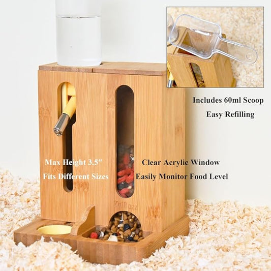Adjustable Hamster Water Bottle Stand and Feeding Station, Bamboo Wood 2-in-1 Food Bowl Holder, Small Animal Hideout Accessorise for Syrian and Dwarf Hamsters