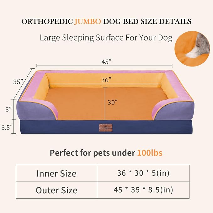 Comfort Expression Orthopedic Dog Bed for Extra Large Dogs with Bolster | Waterproof Dog Couch Bed with Washable Cover & Non-Slip Bottom, Supportive Egg Crate Foam XL Pet Bed, 45x35 Inch