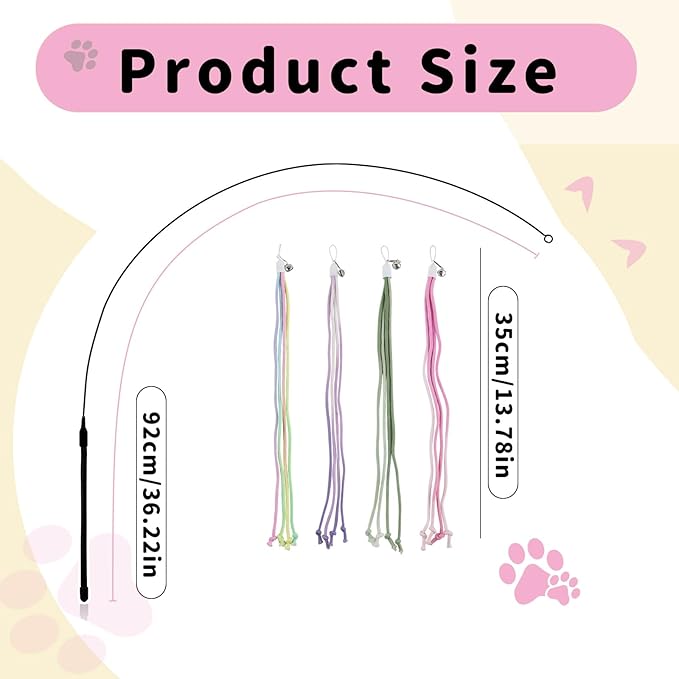 Andiker Cat Wand Toys, Colorful Cat Teaser Toy with 2 Cotton Rope Refills & 1 Long Steel Wand, Interactive Cat Toy for Indoor Cats to Chase Chew and Exercise (Rainbow and Purple)