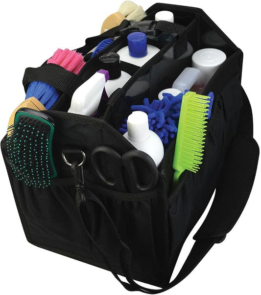Country Pride Nylon Grooming Tote for Horses, Durable Mesh Bottom, Large Interior Compartments for Sprays and Bottles, Exterior Elastic Pockets, Detachable Padded Shoulder Strap,14"x12"x9" (Purple)