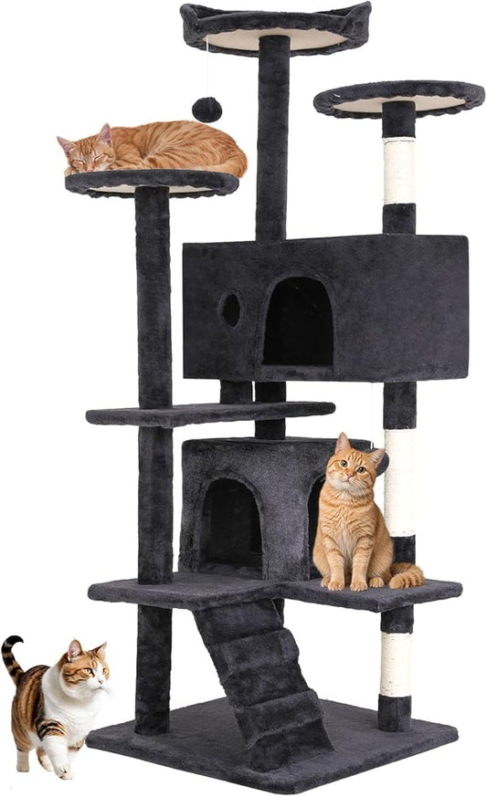 BestOffice 54 Inch Cat Tree, Multi-Level Cat Tower with Condo, Perches, Sisal Scratching Posts, Climbing Ladder,Indoor Activity Center Play House for Kittens & Adult Cats, Dark Gray