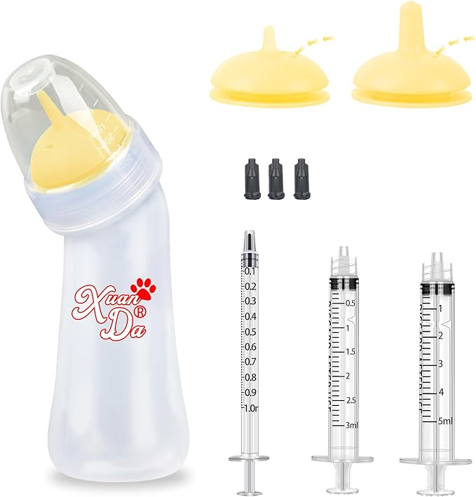 Pet Feeding Bottle and Syringes, 3 Sizes Nipples with Ventilation Valve Resistant Tearing Perfect for Puppies, Kittens, Small Wildlife (Yellow)