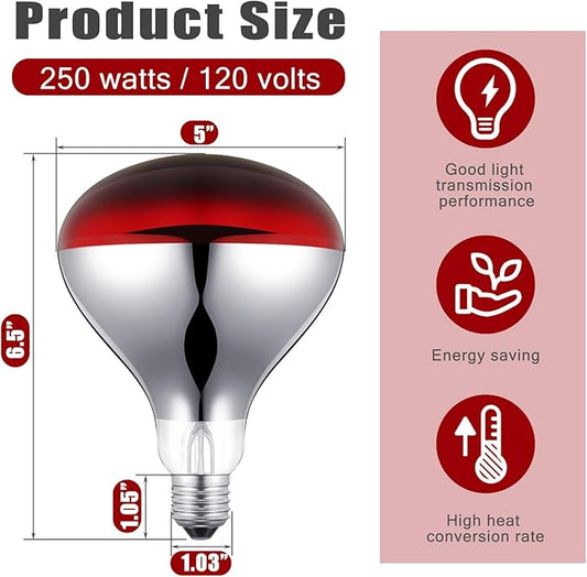 VIHOSE 12 Pack 250 Watt Heat Lamp 120v R40 Heat Lamp Bulbs Glass Incandescent Light Bulbs Incandescent Heating Lightbulbs for Reptiles Chicks Food Puppies Bathroom, Use E26 Base (Red)