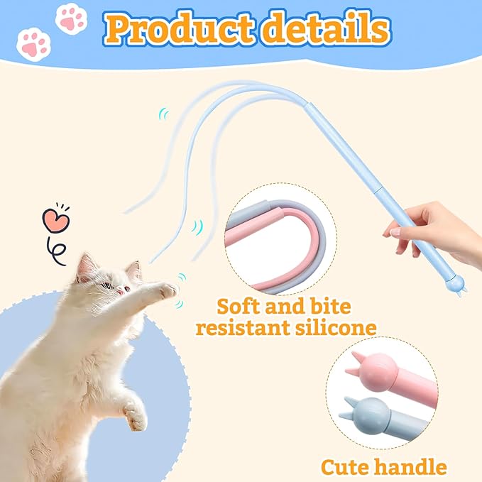 Andiker Mice Tail Cat Wand Toy, 30 inches Long Cat Teaser Stick with Innovative Silicone Rat Tail Easy to Install and Clean Soft Easy Swing Tail Interactive Cat Toys for Indoor Cats (Pink)