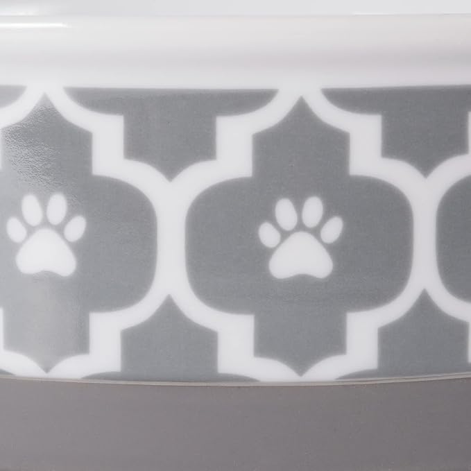 Bone Dry Paw Print Ceramic Pet Bowl, Lattice Collection, Large Set, 7.5x2.4", Gray, 2 Count