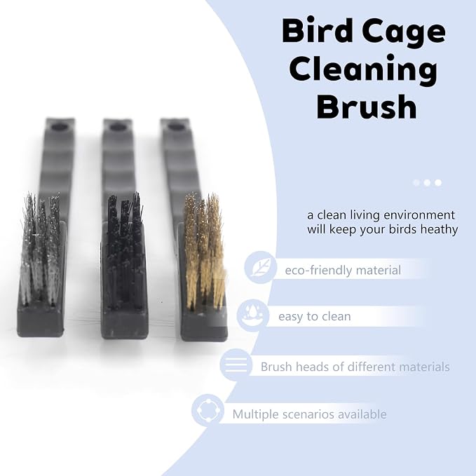 3PCS Bird Cage Cleaning Brush Set-Copper,Nylon and Stainless Steel Wire Brushes for Cleaning Parrot Cages, Kennels, and Perches,Removes Poop and Keeps Bird Cages Fresh,Essential Bird Cage Accessory