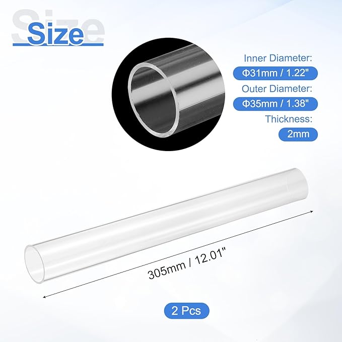uxcell 2Pcs Clear Rigid Acrylic Pipe, 31mm(1.22") ID x 35mm(1.38") OD 12" Round Polycarbonate Tube Plastic Tubing for Plumbing, Lighting, Aquarium, DIY Projects