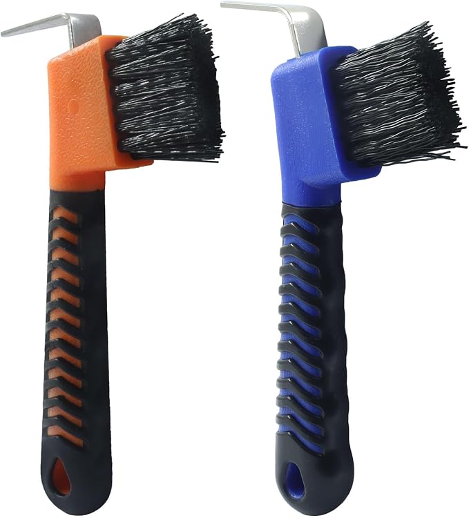 Horse Hoof Pick Brush, Soft Touch Rubber Handle Portable Hoof Pick for Horse Grooming, Cleaning (Orange+Blue)