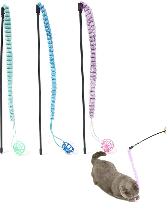 IUHKBH Cat Teaser Wand Toys 3 Pack - Soft Plush Rope with Jingle Bell Ball Tail, Interactive Kitten Play Toys for Indoor Cats, Safe Handmade Exerciser Toys for Fun & Bonding
