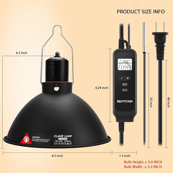 REPTITRIP 8.5 Inch Reptile Heat Lamp Fixture with PID Thermostat & 150W Ceramic Heat Emitter (Non-Light Emitting), Independent Day & Night Temperatures, Lampshade MAX 150W