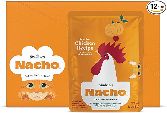 Made by Nacho Wet Cat Food, Cuts in Gravy, Limited Ingredients, Cage-Free Chicken Recipe with Bone Broth for Extra Hydration, (12) 3 oz. Pouches, Limited Ingredients