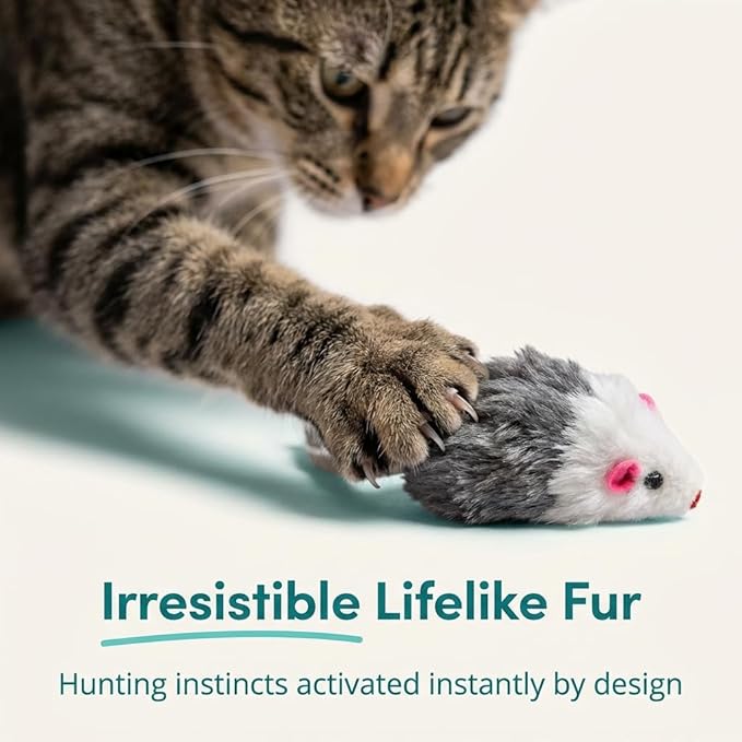 Smokey's Stash Gray and White Faux Fur Cat Mice Toy 12 Per Pack Multi Color Realistic Interactive Small Mouse with Rattle and Catnip Safe for Adult Cats and Kittens