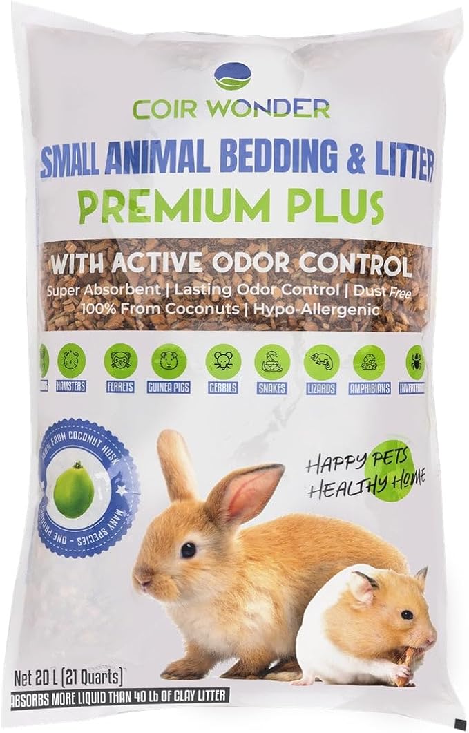 Coir Wonder Small Animal Bedding – 20 L –– Coco Chip Fiber Bedding Substrate for Guinea Pig, Hamster, Rabbit, Bunny Litter, Tortoise, Turtle, Reptile, Snake Habitat - Activated Charcoal Odor Control