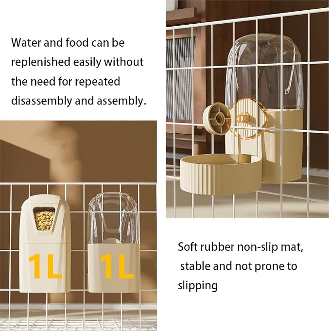 Hanging Pet Feeder Water Dispenser Set - 2-in-1 Gravity Food Water Bowl for Cats Small Dogs Rabbits, Cage Mounted No-Spill Pet Feeding Station (Yellow)