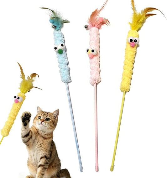 IUHKBH Cat Wand Toys, 3 PCS Cute Plush Teaser Wand with Bell & Feather Interactive Play Toy for Bored Indoor Cats and Kittens