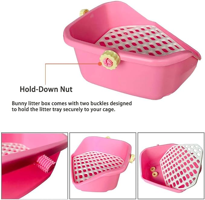 kathson Rabbit Litter Box Pet Toilet Cage Box Potty Trainer Corner with Small Animal Cage Cleaner Broom Brush Dustpan for Bunny Chinchilla Guinea Pig Ferret (Pink)