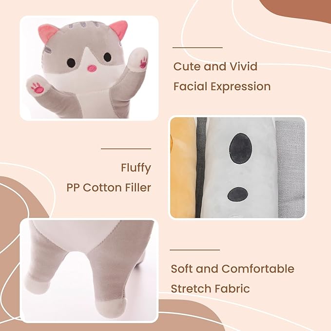 Cute Cat Plush Long Body Pillow – Soft Cartoon Stuffed Animal Doll, Kawaii Cat Plushie Cuddle Toy for Kids, Girls & Girlfriend (Brown, 43.3 Inch)