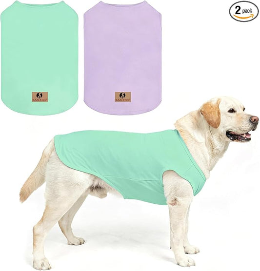 KOOLTAIL Large Dog Clothes for Boy Girl, 2 Pack Cotton Summer Dog T Shirts UV & Insect Protection for Outdoor Camping, Anti-Hair Loss Breathable Sleeveless Pet Vest Tank Tops Apparel, Green&Purple, L