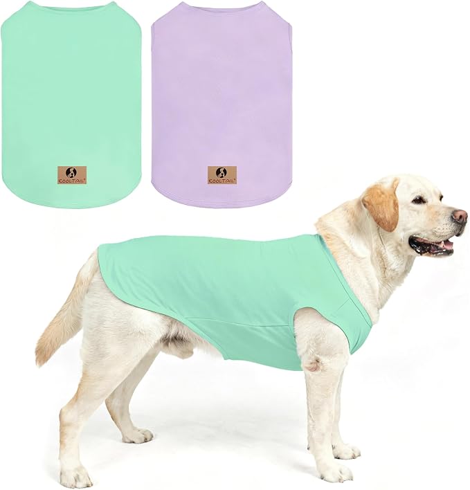 KOOLTAIL Large Dog Clothes for Boy Girl, 2 Pack Cotton Summer Dog T Shirts UV & Insect Protection for Outdoor Camping, Anti-Hair Loss Breathable Sleeveless Pet Vest Tank Tops Apparel, Green&Purple,XXL