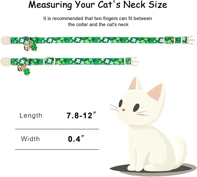2 Pack St. Patrick’s Day Cat Collars - Breakaway Cat Collar with Bell, Lucky Clover Pendant, Adjustable Cute Green Bold Shamrock Kitten Collars for Boy Girl Cats