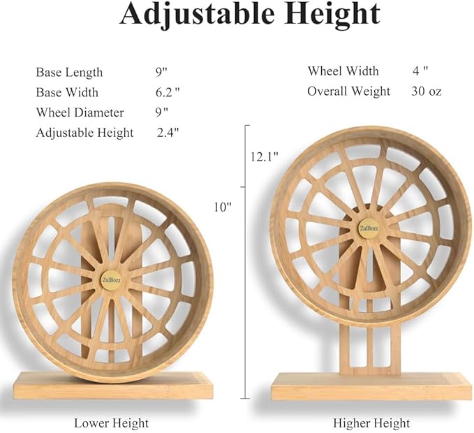 9" Silent Hamster Wheel, Carbonized Bamboo Running Wheel with Adjustable Height Stand for Syrian, Dwarf Hamsters, Gerbils & Mice