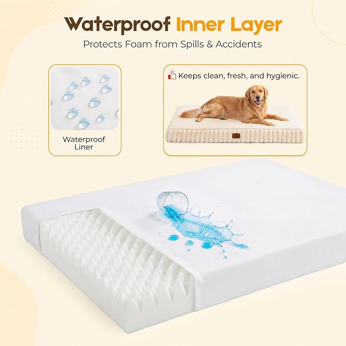 Orthopedic Dog Bed for Large Dog, Waterproof Pet Bed for Crate,Non-Slip Bottom and Egg-Crate Foam with Removable Washable Cover Crate Bed,Cream,35"x22"x3"