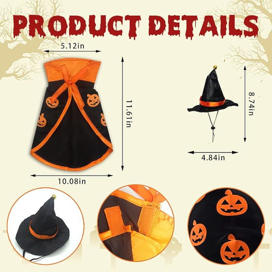 Halloween Cat Costume Cloak Witch Hat Pet Accessories Halloween Adjustable Pumpkin Pet Costumes Clothes Set, Halloween pet Costume Decor Cloak for Cats Dogs Puppy Halloween Carnival Party Supplies