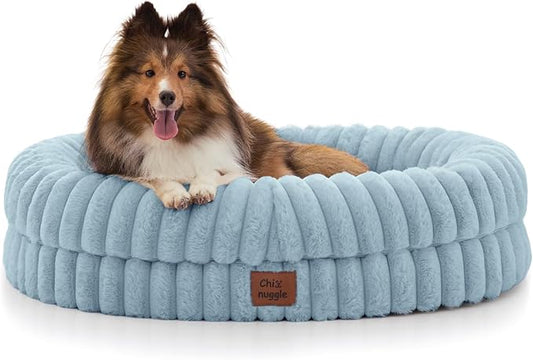 ChiXnuggle Dog Bed Medium Sized Dog - Luxury Striped Faux Fur Waterproof Pet Couch with Removable Washable Cover, Orthopedic Pet Bed with Bolster Sides for Sleeping, Light Blue