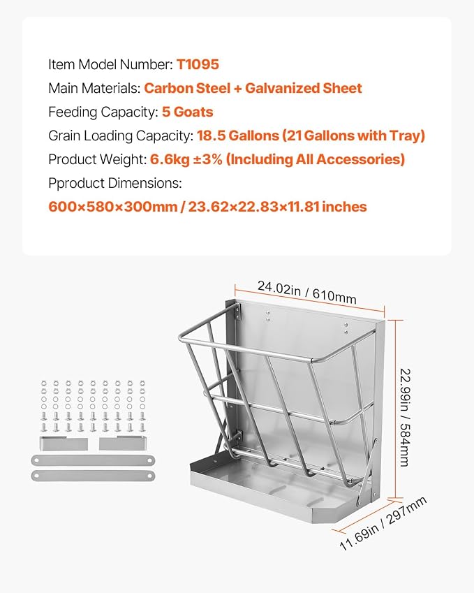 VEVOR Wall Mounted Hay Rack, 18.5 Gallon Livestock Feeder with 2.5 Gallon Feed Tray, 2 in 1 Hay and Grain Feeder, Feeds up to 5 Goats, Heavy-Duty Galvanized Steel Goat Feeders for Farm Sheep Horses