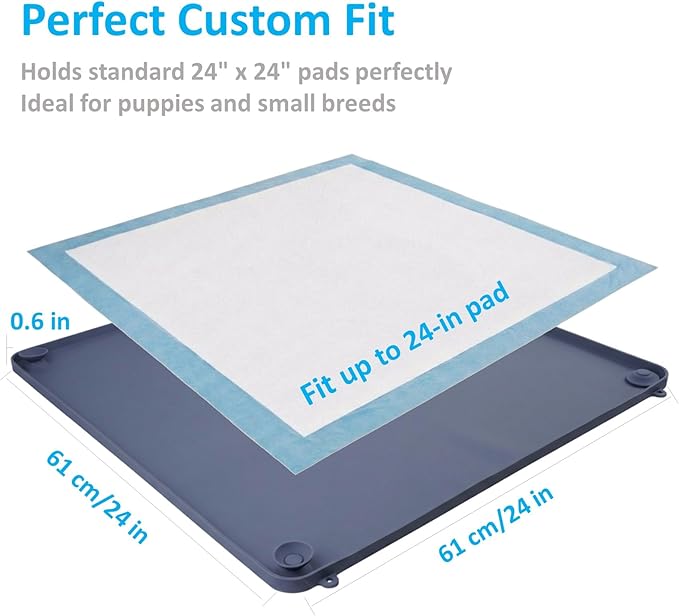 2-in-1 Silicone Dog Pee Pad Holder Tray, 24”x24” - Non-Slip Potty Training Tray for Puppies & Small Dogs with Corner Snaps, Raised Edges - Wall-Mountable Indoor Dog Toilet & Splash Guard