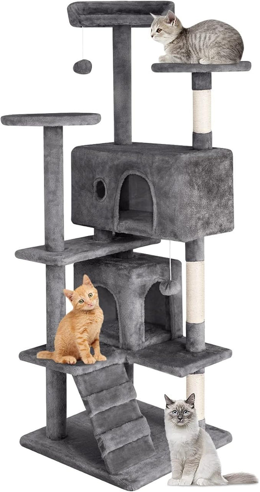 PayLessHere Cat Tree 54in Cat Tower with Cat Scratching Post,Multi-Level Cat Condo Stand House Furniture Kitty Activity Center with Furry Ball Toys Cat Tree for Indoor Cats, Light Gray