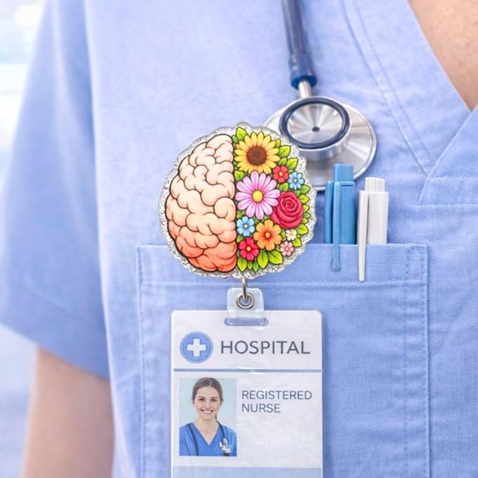 Floral Brain Badge Reel Anatomy Cancer Mental Health MRI Medical Hospital Accessories Name Holder with Retractable Clip Gift for Neuro Nurse Neurology Neurologist CNA RN Psychologists Psychiatrists
