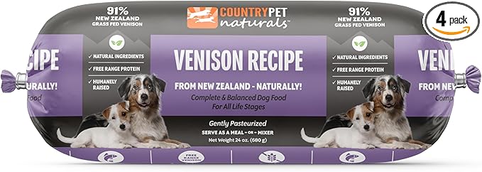 New Zealand Venison Frozen Fresh Dog Food, High-Protein 91% Grass-Fed Free-Range Meat, Gently Cooked, Grain-Free, Omega-3s, 6 lb (4 Rolls)