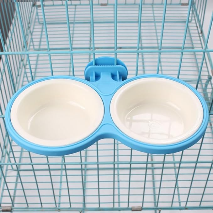 Pet Durable Bowl Cage Bowl, Pet Food Water Removable Bowls with Bolt Holder Hanging Cage Coop Cup Non-Skid Feeder Set Double Diners Portable for Feeding Dogs Cats Birds (Blue)