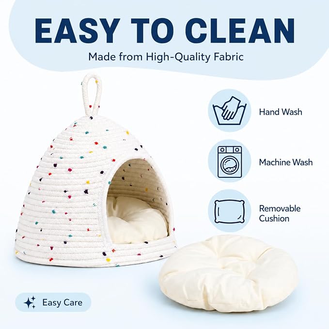 Guinea Pig Hideout Bed, 11 x 9.8 in Small Animal Hideaway House with Removable Cushion, Washable Cotton Rope Cozy Cave for Guinea Pigs, Chinchillas, Hedgehogs, Hamsters, Small Bunny